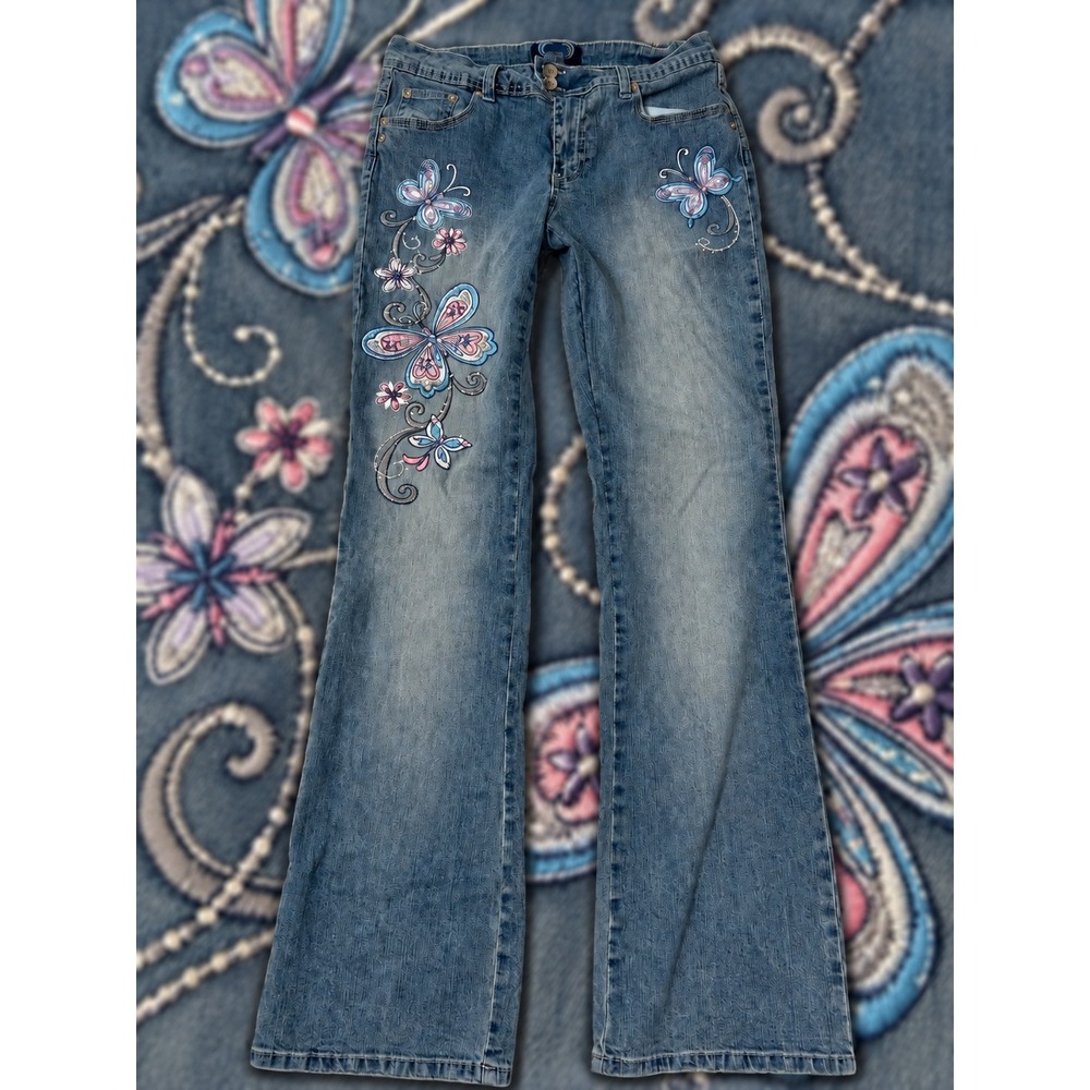 Y2K Angels 8 Butterfly Embroidered Flare Jeans 2000s Bling Fairy Boho Hippie